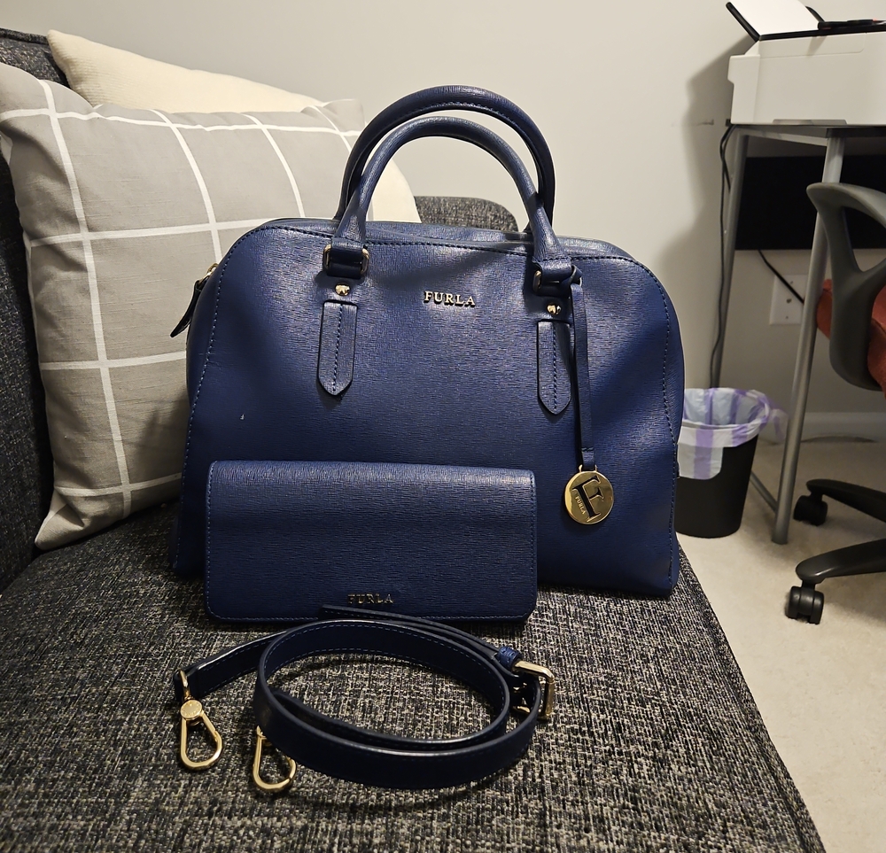 Furla Elena Navy Saffiano Leather Satchel with Wallet (Dem. 13wx9h) - Picture 1 of 15